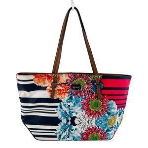 Nine West Floral Stripe Tote Bag With Brown Handles & Interior Pockets